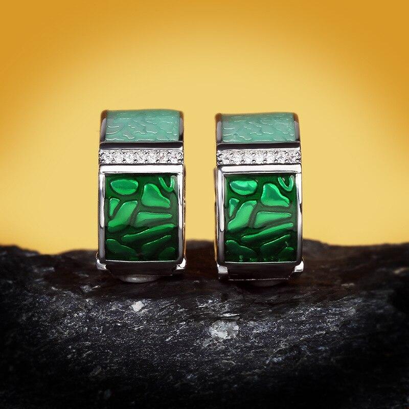 Exquisite Earrings for Women Genuine Green Square Sparkling CZ Stud Chic Fine Jewelry Handmade Enamel Bridal Jewelry