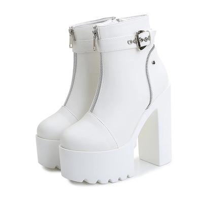 Модные женские ботильоны на платформе с пряжкой и молнией до щиколотки, с круглым носком, мотоциклетные, из мягкой кожи, на массивном высоком каблуке, ботинки, обувь для жены, девушки