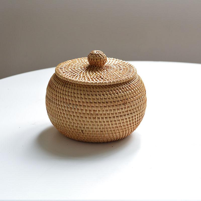 Wicker Storage Basket With Lid Round Fruit Basket Natural Rattan Lightweight Hand-Woven Storage Basket Home Sundries Snack Box