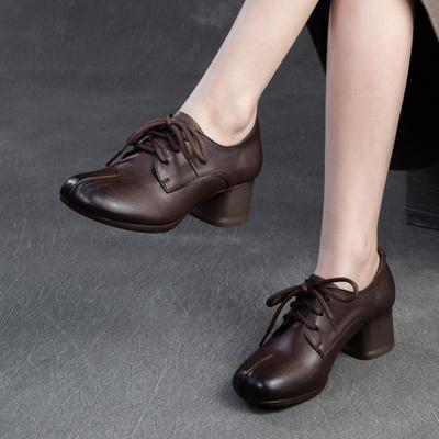 Туфли-лодочки на среднем каблуке в стиле ретро со шнуровкой из натуральной кожи, повседневные, удобные, для поездок на работу, женские туфли