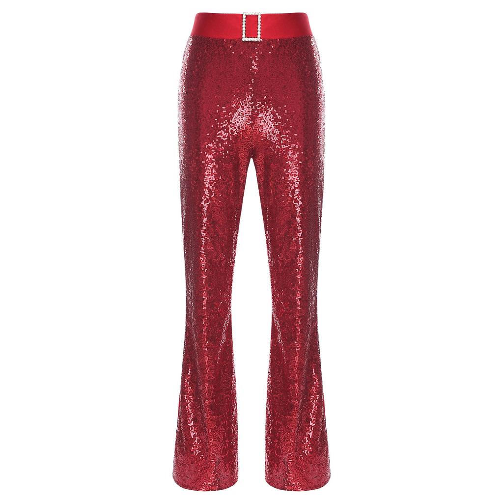 Womens Glittery Sequin Jazz Dance Pants Flared Design Elastic High Waist Rhinestone Decor Bell Bottom Trousers