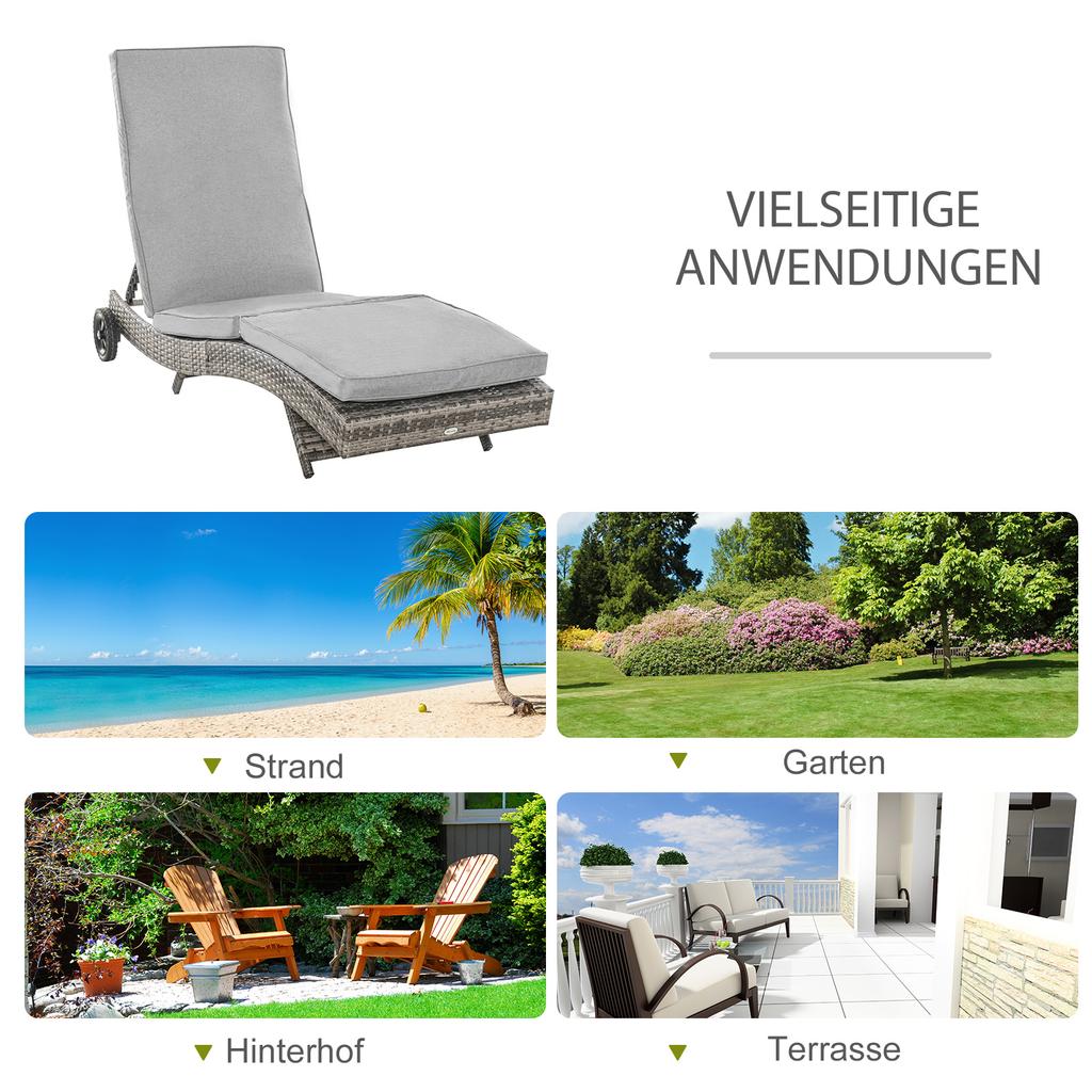 Poly Rattan Sun Lounger Garden Lounger with Cushion 5-Level Adjustable Rattan Lounger Garden Furniture Lounger S-Shape Metal Grey 207 x 70 x 70 cm