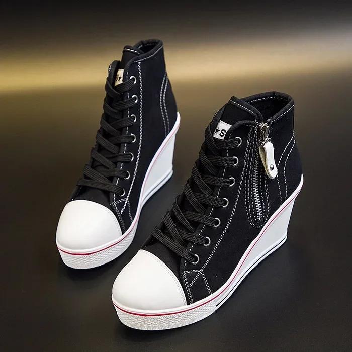 Женские парусиновые туфли на скрытой танкетке и невидимом каблуке, женские повседневные кроссовки на высокой дышащей платформе с застежкой-молнией на танкетке