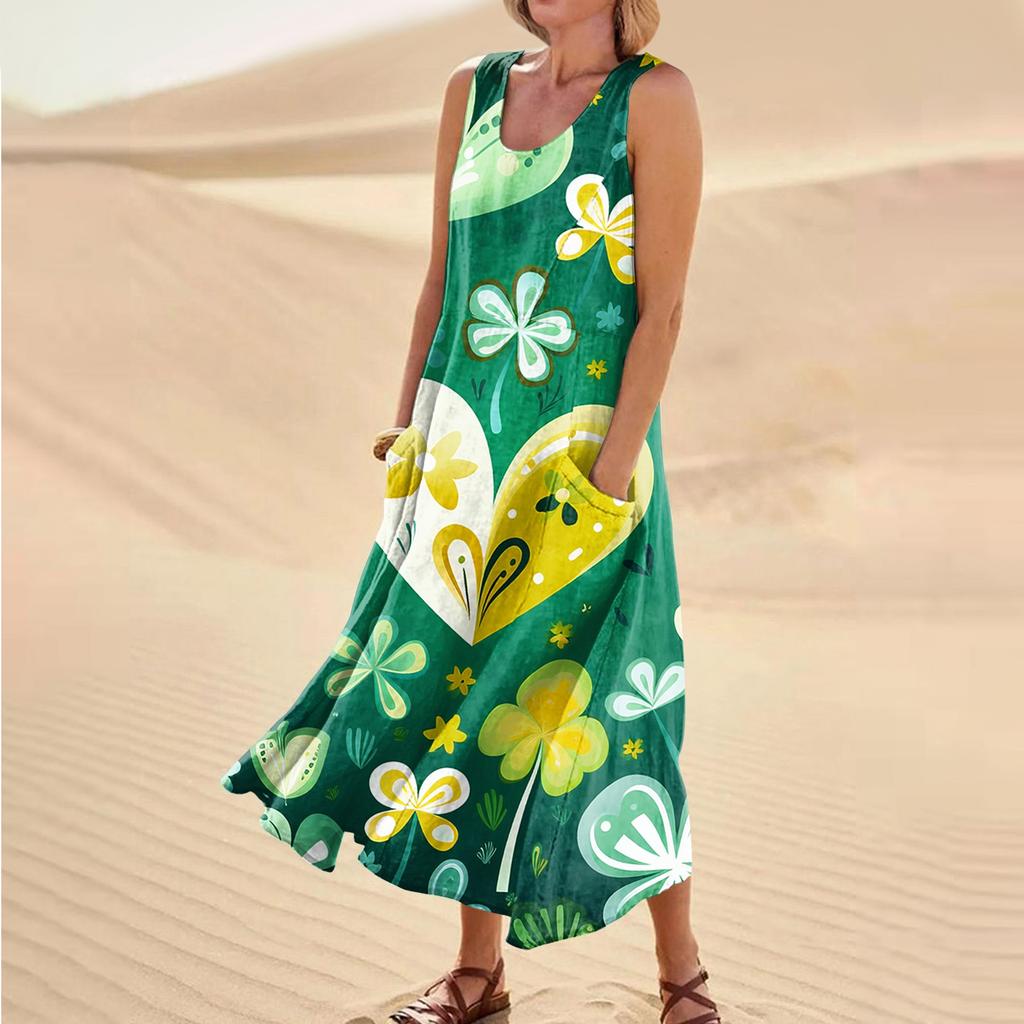 Women's Casual Comfort St. Patrick's Day Printed Sleeveless Pocket Dress