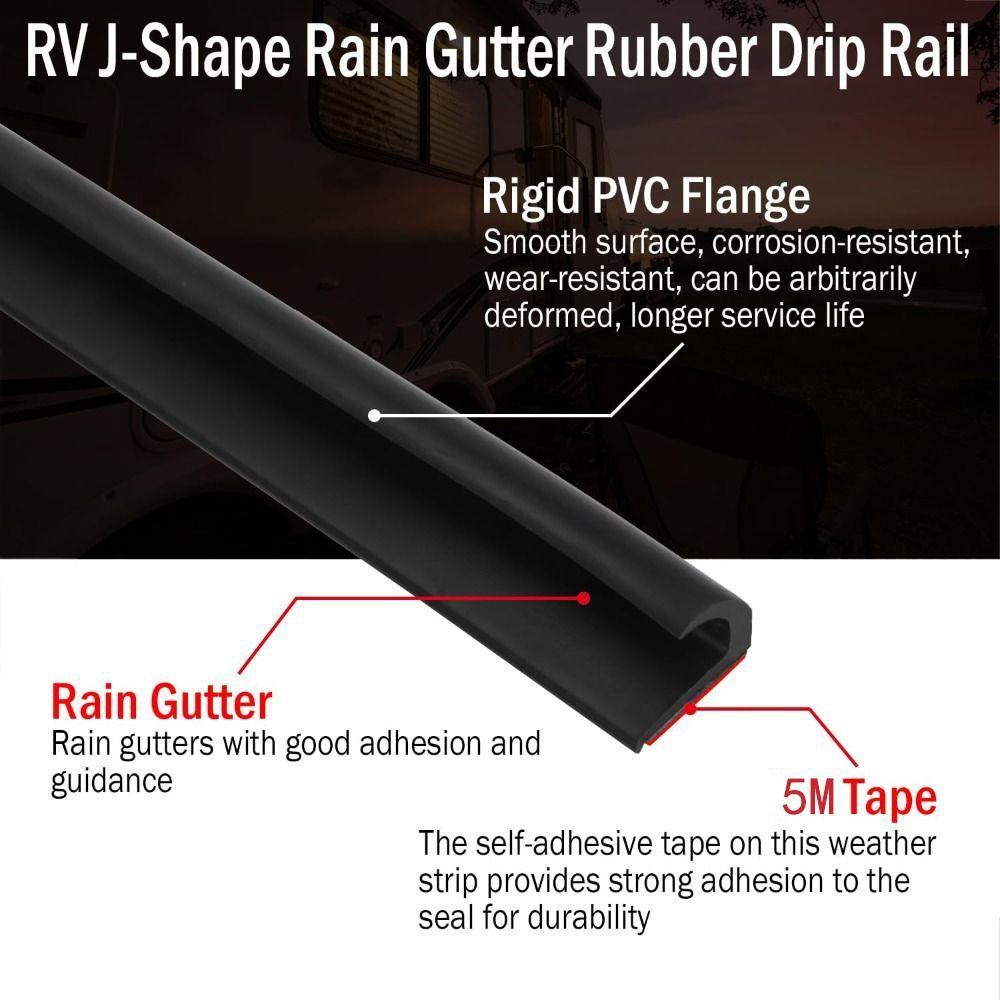 1/5/6M RV Rain Gutter Silicone Rubber J-Shape Design Weather Stripping Self-Adhesive Backing UV Resistant