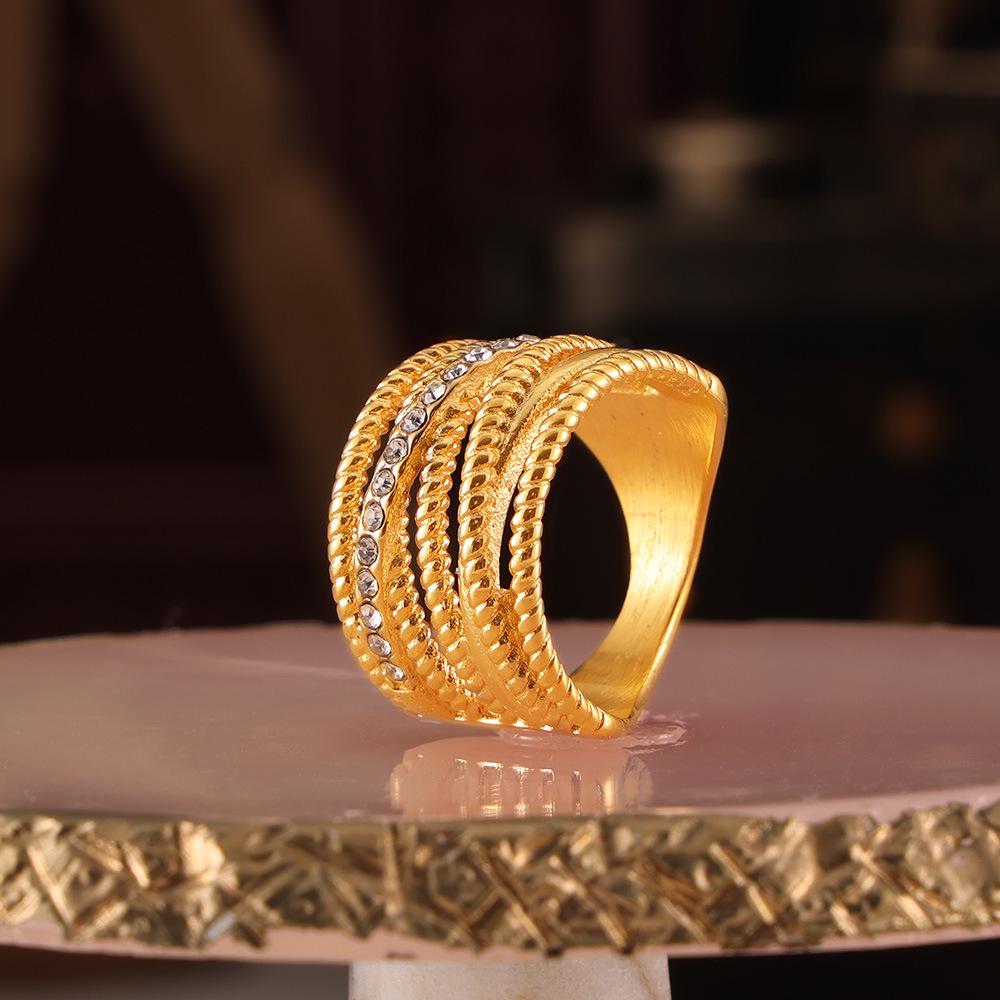 18K Gold-Plated Multi-Layer Twist Cross Diamond Hollow Ring