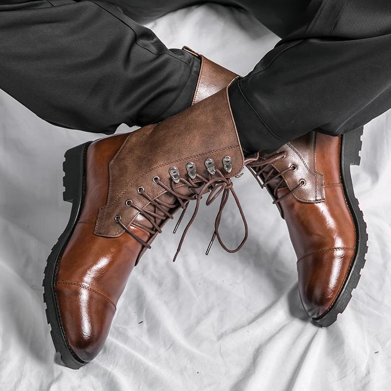 Ankle Boots for Men Brown Black Business Round Toe Lace-up Pu Mens Boots Size 38-48 Motorcycle Boots