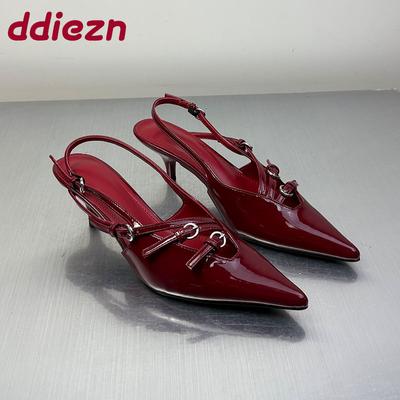 Мода Мода Пряжка Элегантные Женские Босоножки на Среднем Каблуке Весна Лето Острый Носок Женские Босоножки на Каблуке Женские Туфли-Лодочки