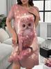 Women Round Neck Short Sleeve Mini Dress Summer 3D Girl Print