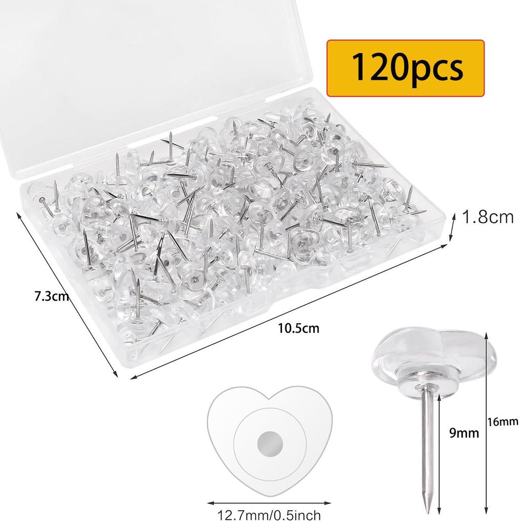 120 Transparent Heart Push Pins for Office, Posters, Postcards, and Corkboard Decorations