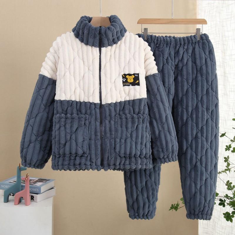 Winter Flannel Fleece Pajama Set Young Men Thick Warm Loungewear With Zipper