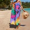 Women's Boho Cover Up, Plus Size Contrast Loose Fit Vacay Beach Kaftan Dress