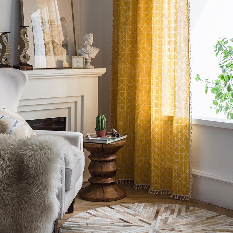 Simple polyester-cotton geometric lines yellow chessboard fringed curtain cloth, a finished product of household homestay hanging curtain