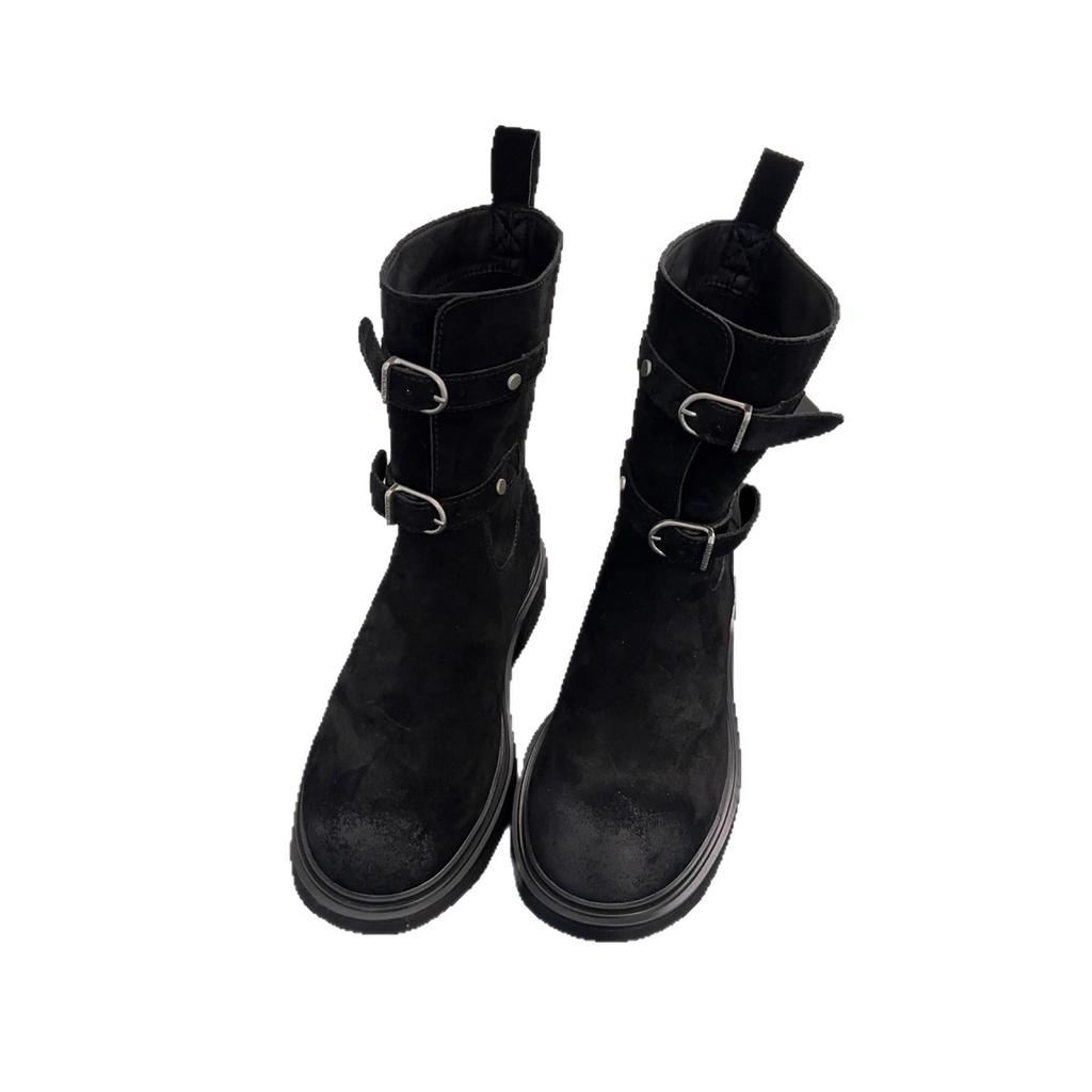 Версия из овчины~ ретро пряжка ремня пустошь вестерн ковбойские сапоги круглый носок полированные короткие сапоги женские на толстой подошве сапоги-рыцари