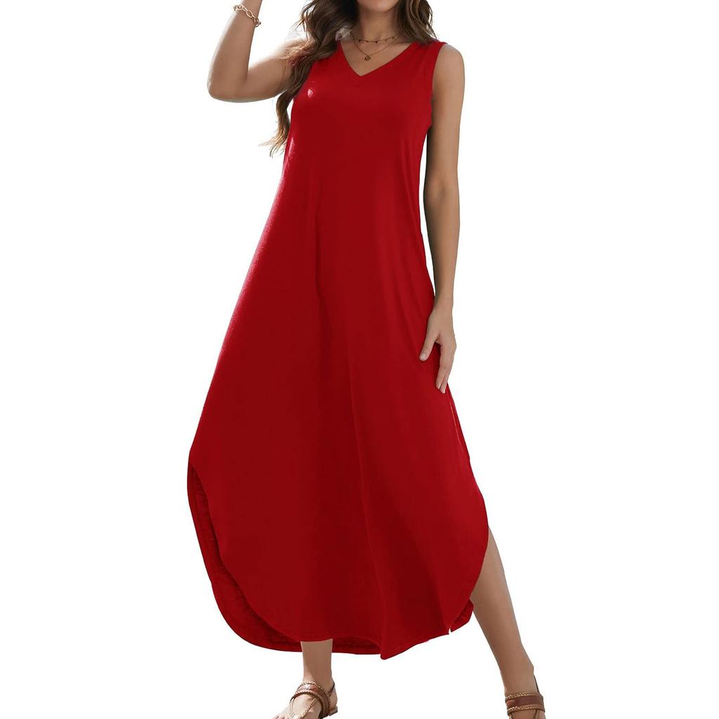 Women's 2024 Summer Casual Loose Sundress Long Dress Solid Color Sleeveless V Neck Split Tshirt Maxi Dresses