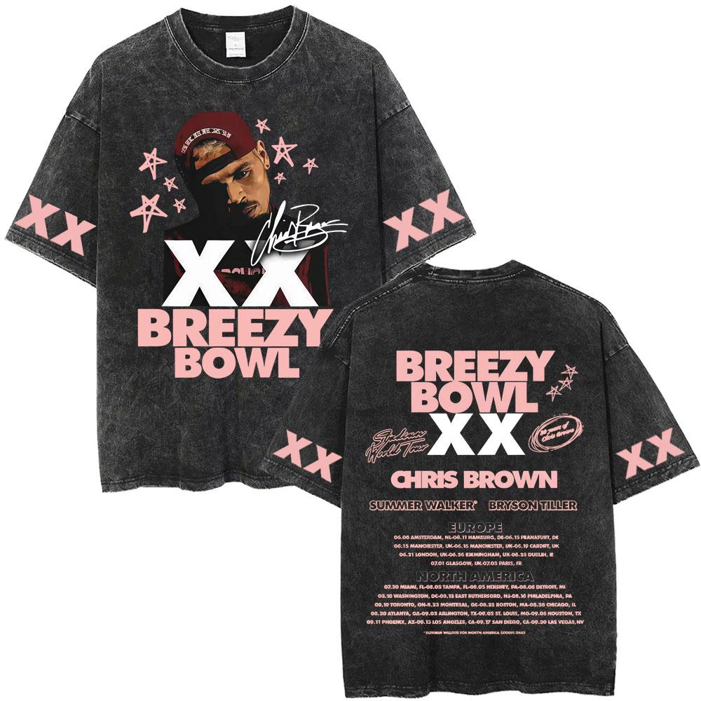 Рэпер Крис Браун Breezy Bowl XX Тур Винтажные стираные футболки Мужские Женские Хип-Хоп Модные Футболки Мужская Хлопок Ретро Футболка