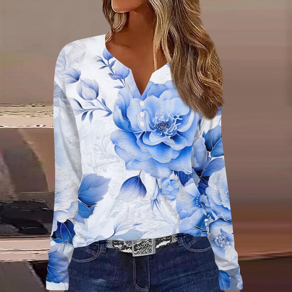 Women's T Shirt Tee Button Print Long Sleeve Daily Weekend Fashion Basic V Neck Regular Top