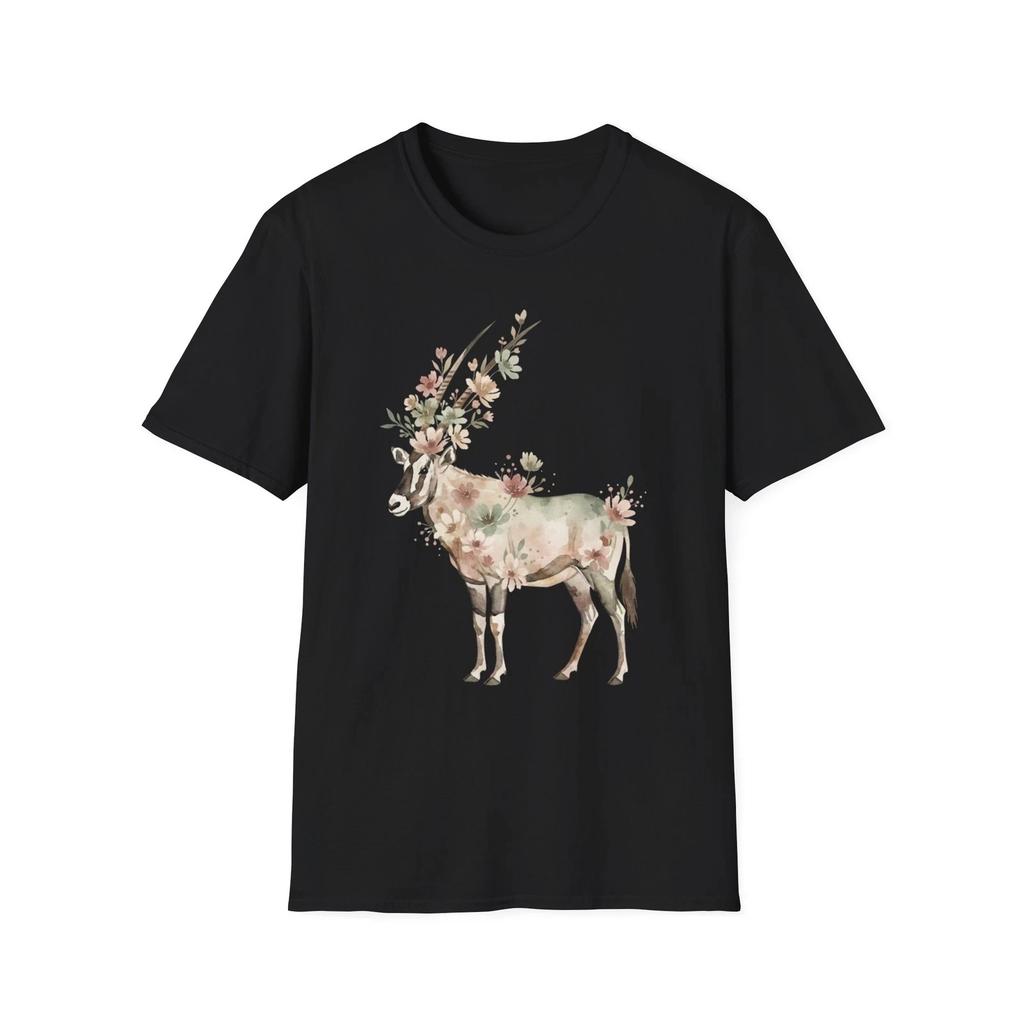 Oryx Floral Watercolor Boho Black Tee Nature Pastel Graphic T-Shirt