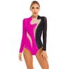 Womens Color Block Patchwork Leotard Sparkling Rhinestone Sheer Mesh Long Sleeve Bodysuit for Gymnastics Acrobatics Dance