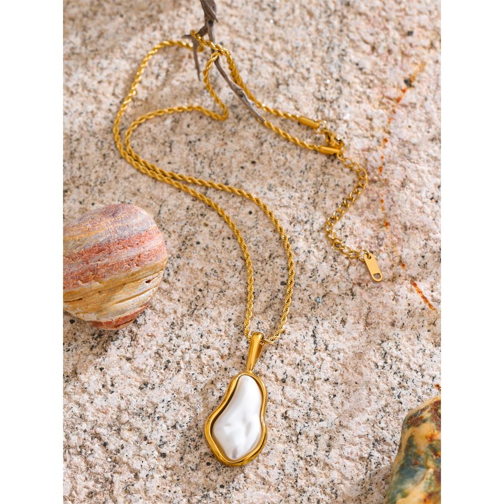 Yhpup Elegance Baroque Simulated Pearls Pendant Necklace Waterproof Stainless Steel Geometric Fashion Jewelry for Women