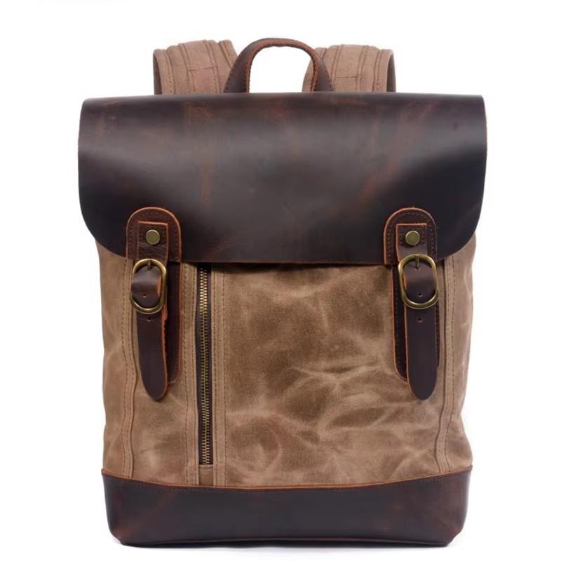 Waxed Canvas with Leather Backpack Vintage Style College Bag Bagpack Waterproof Outdoor Travel Rucksack Daily School Bag for Men