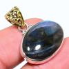 Natural Labradorite Gemstone 925 Sterling Silver Two Tone Pendant 1.18" S0F06