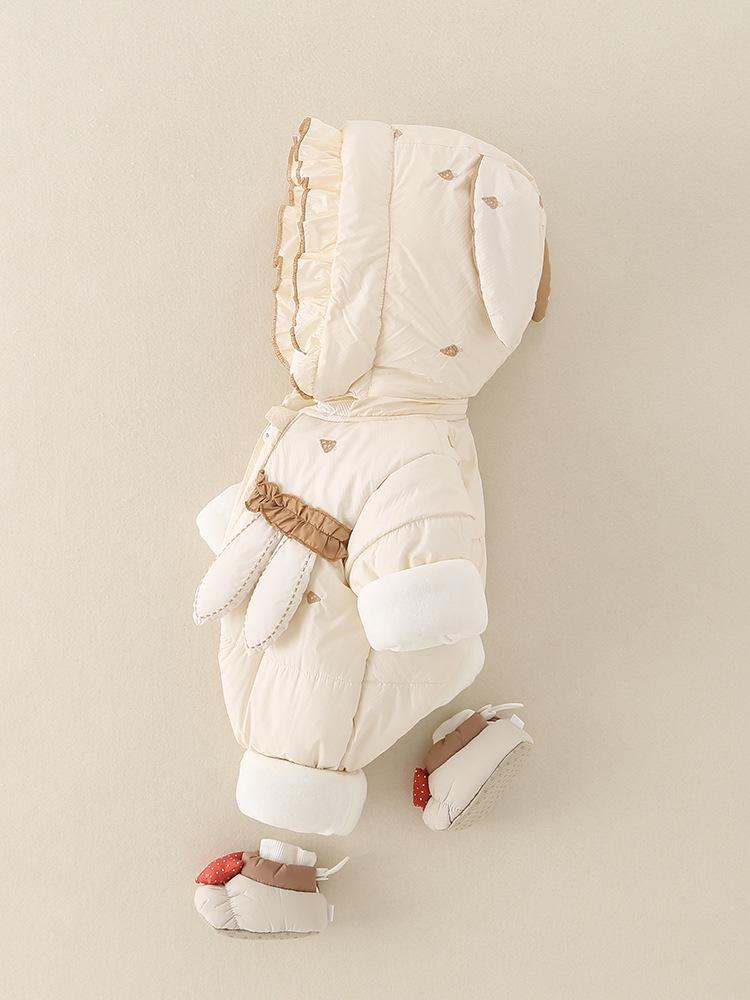 Утепленный флисовый зимний комбинезон для новорожденных девочек — милый наряд с капюшоном для прогулок.