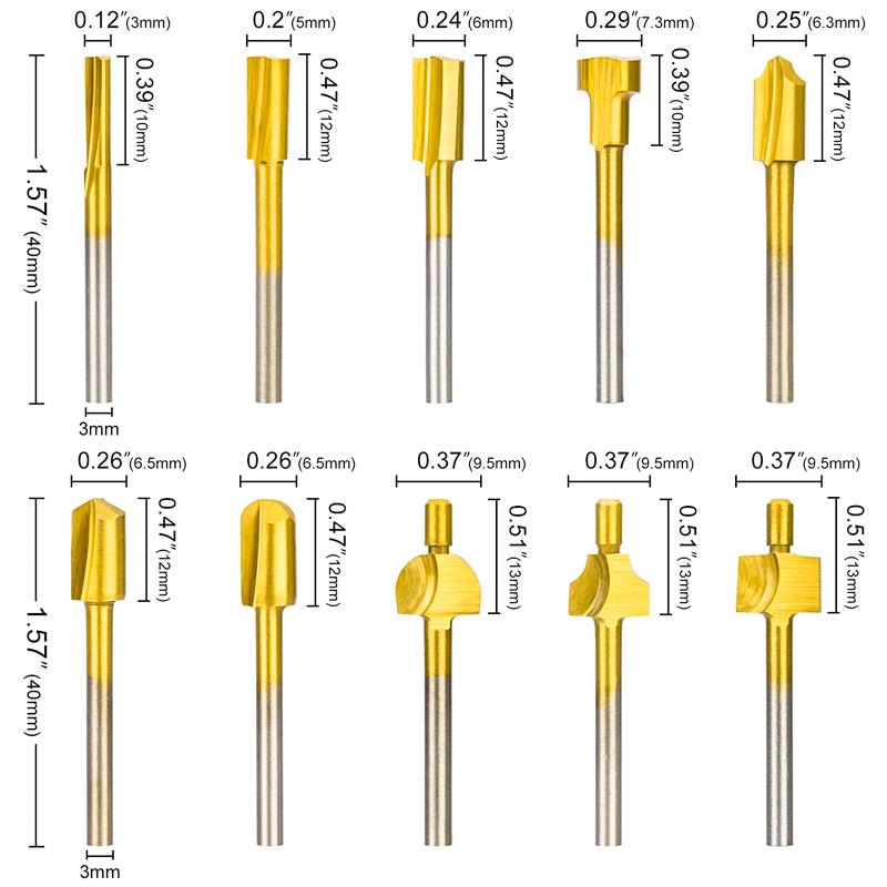 Набор из 10 шт., 1/8 "3 мм, титановые фрезы из быстрорежущей стали, фреза по дереву, фреза подходит для вращающегося инструмента Dremel, гравировальный станок, слот для заточки ножей