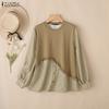Women Casual Round Neck Long Sleeve Grid Print Splice Loose Blouse