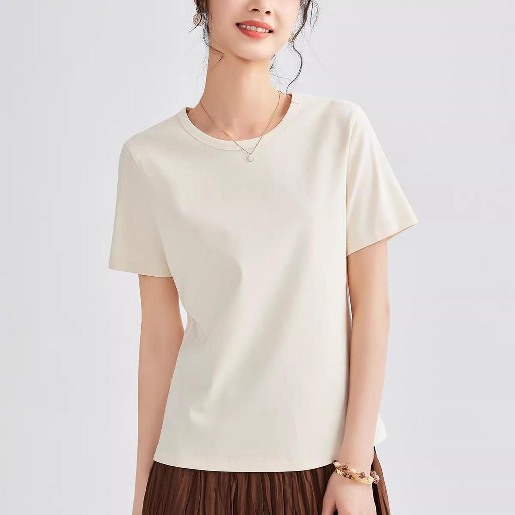 Women's Double-Sided Mercerized Cotton Slimming T-Shirt: Cool, Breathable, Plus Size, Regular Shoulder, Round Neck, Short Sleeve, Summer Wear.
