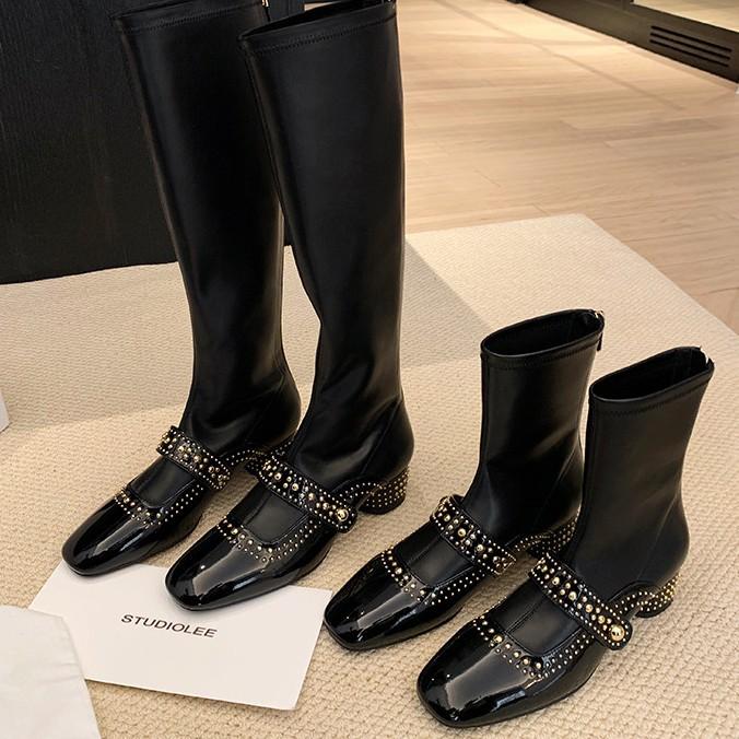 Версия из коровьей кожи~ Французские кожаные квадратные белые сапоги Женские зимние короткие сапоги на высоком каблуке с заклепками Тонкие сапоги Высокие рыцарские сапоги