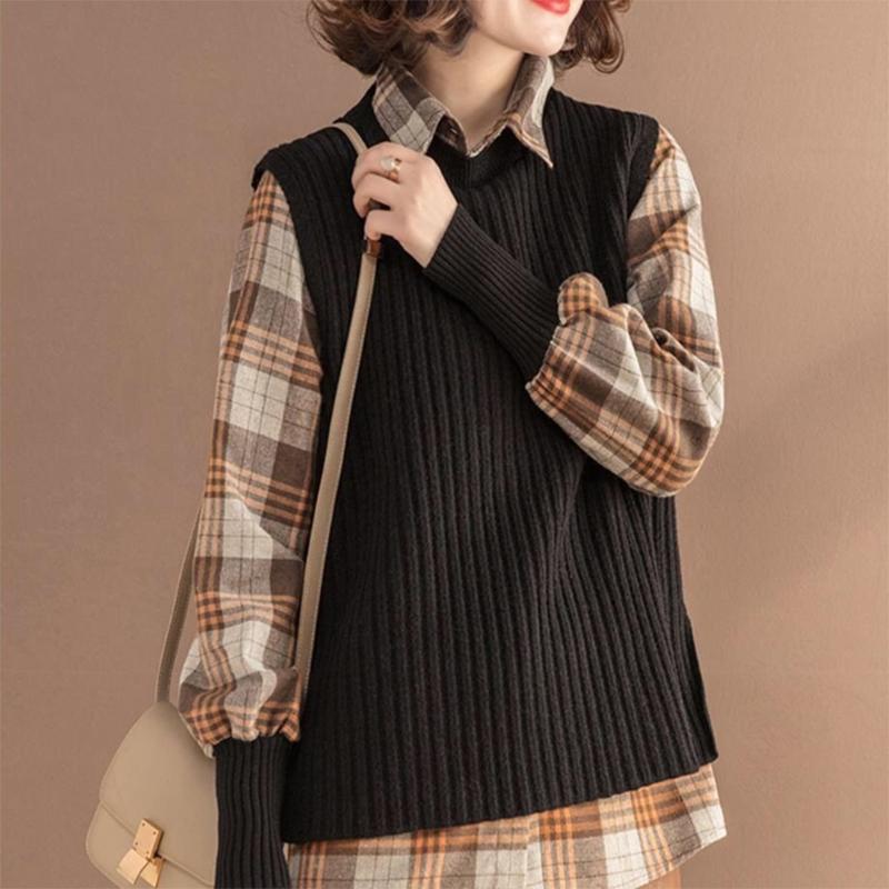 Клетчатая рубашка, вязаный жилет, комплект из двух предметов, женский весенне-осенний корейский вариант, тонкий