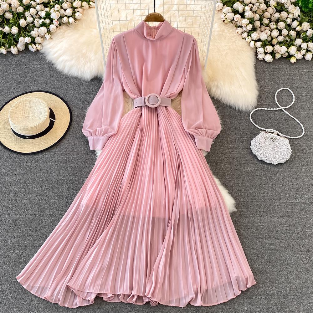 Весеннее корейское шикарное легкое зрелое стильное плиссированное платье с воротником-стойкой и высокой талией на шнуровке на талии Элегантное большое свободное платье