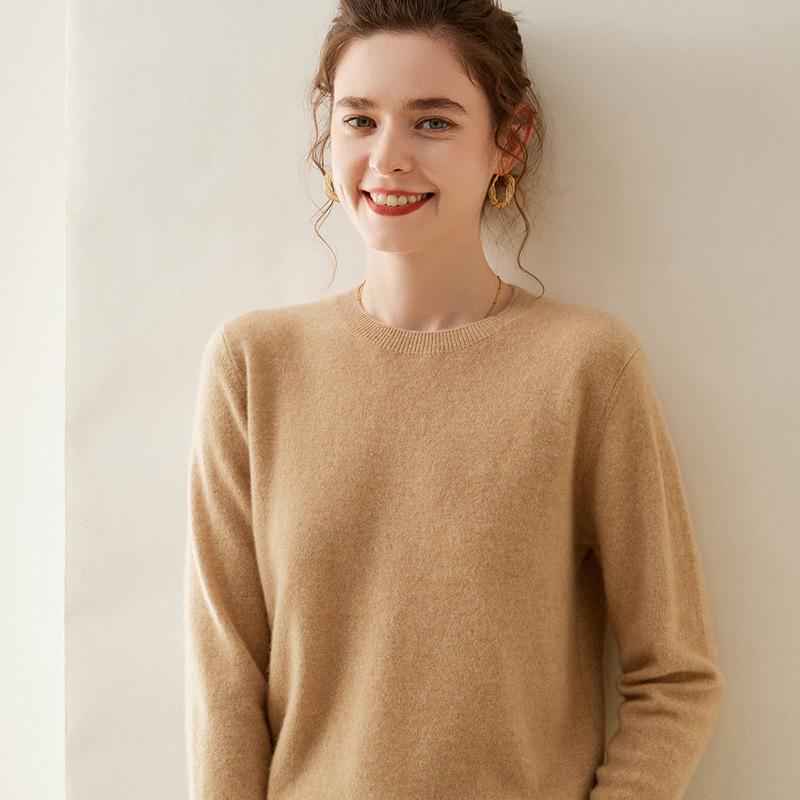 Women's Round Neck Breathable Cashmere Sweater - Solid Color, Long Sleeve Knit Pullover for Winter