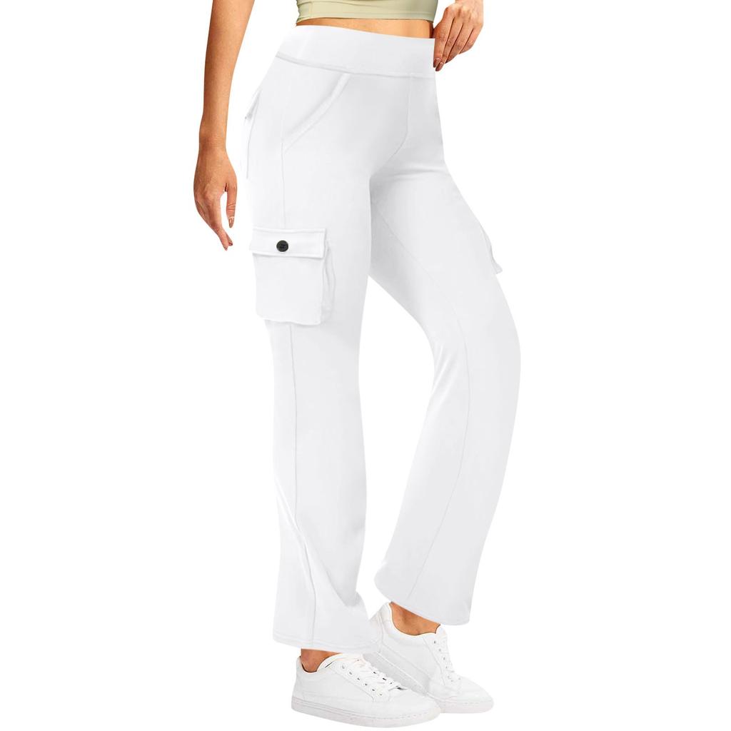 Женские модные космические боковые карманы, эластичная талия, пуговицы, однотонные брюки с несколькими карманами