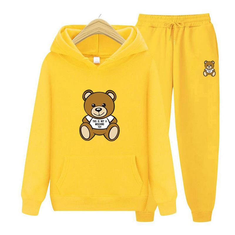 Новые осенне-зимние толстовки с принтом «Маленький медвежонок» + брюки для мужчин и женщин, повседневные толстовки с капюшоном, спортивная одежда, мужской флисовый костюм с капюшоном