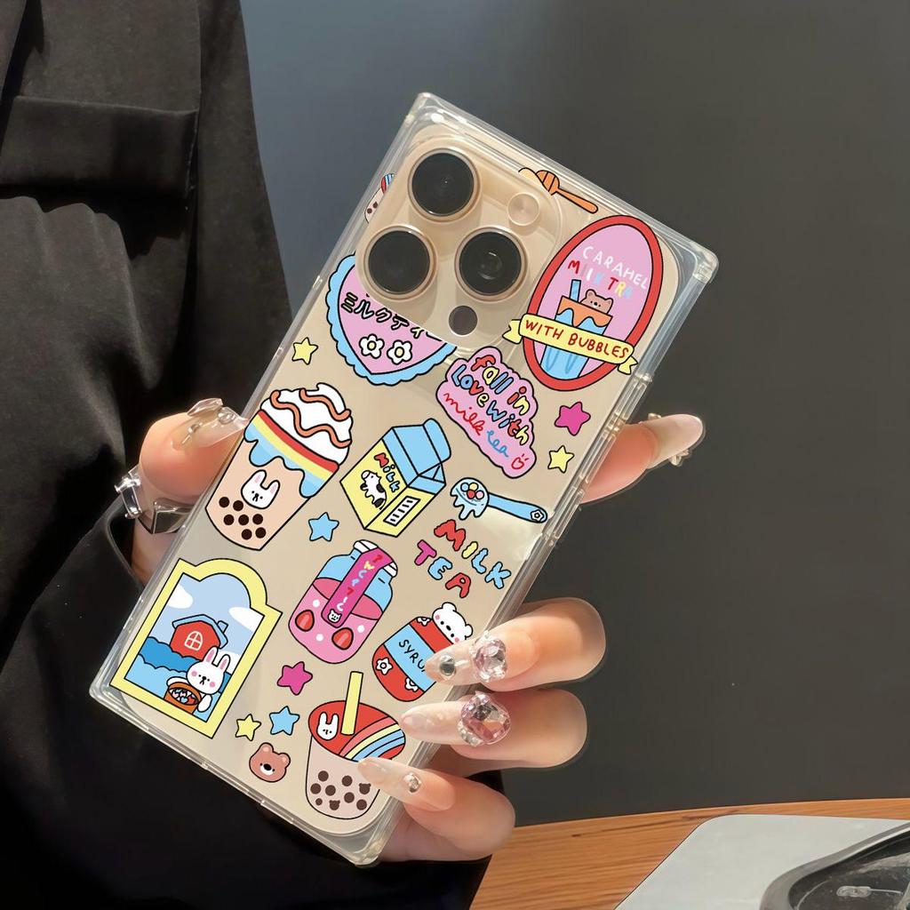 Прозрачный квадратный чехол-трубка для защиты iPhone 14 Pro Max 12 13 16 ProMax 15 Plus 11, защита от окисления, чехол с рисунком молочного чая