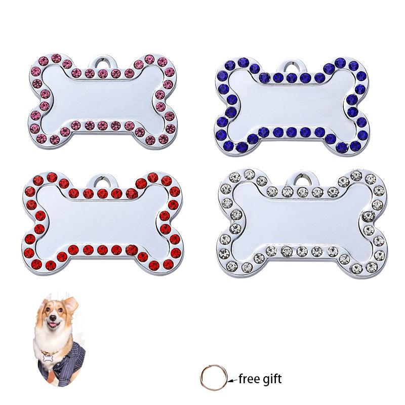 Pet Diamond Edge Dogs Tag Bone Shaped Anti Loss Jewelry Metal Pink Pendant Blue