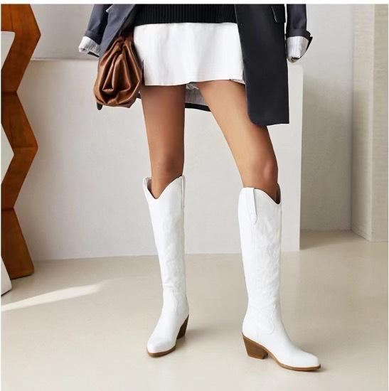 Retro Mid Length Embroidered Western Cowboy Boots Pointed Toe V neck Non Slip Knight Riding Boots for Women Fashion Winter Daily Wear