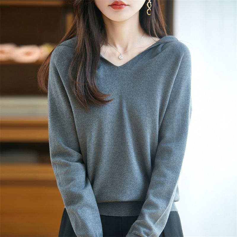 Вязаный свитер с капюшоном и V-образным вырезом для осени и зимы, теплый свитер-худи для женщин