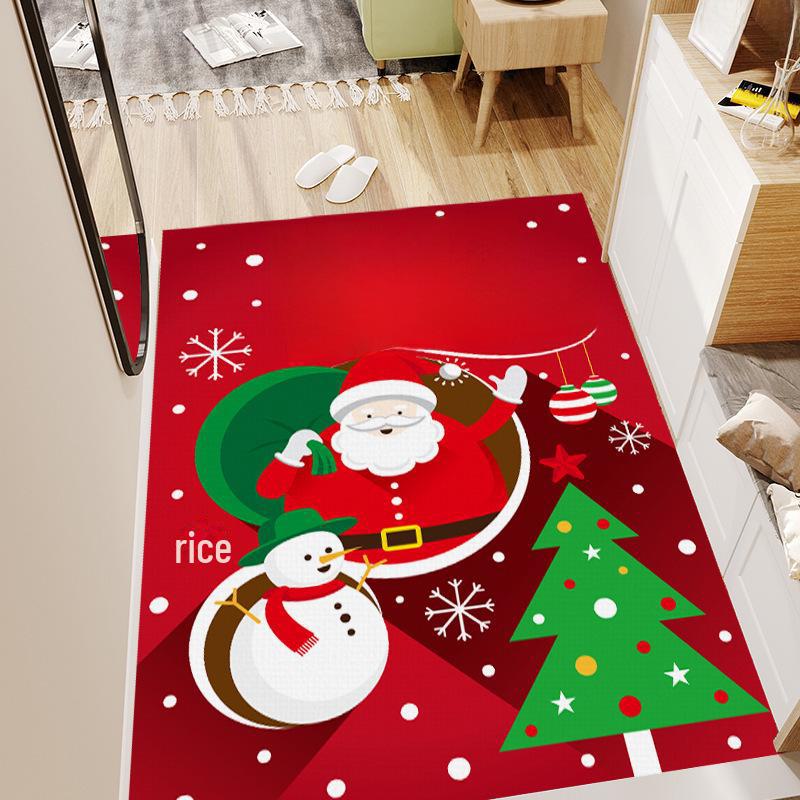 Red Coral Fleece Christmas Floor Mat with Santa Claus and Tree Design