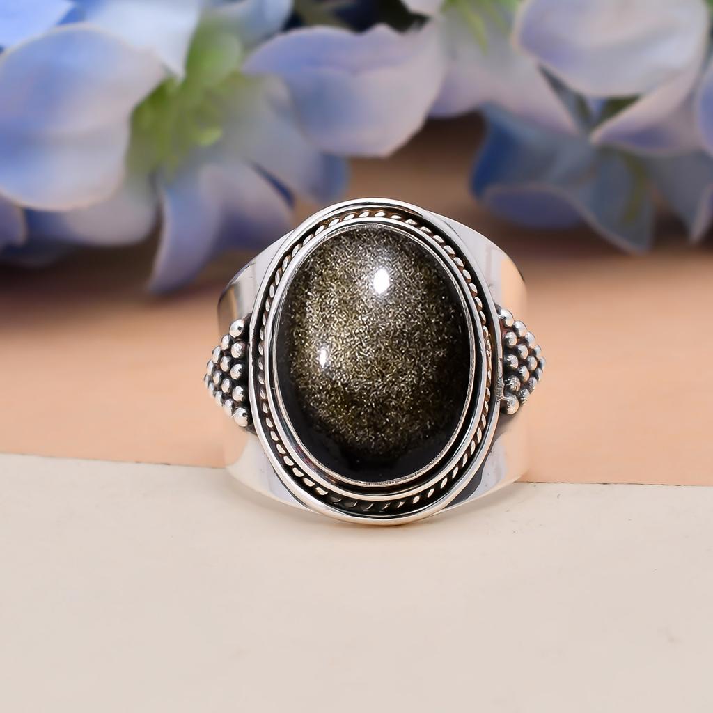 Золотистый обсидиан - Мексика Кольцо из стерлингового серебра 925 пробы V5616, Коричневое кольцо, Овальное кольцо, Подарок на День святого Валентина, Подарок для нее, Подарок на день рождения, Ювелирное изделие ручной работы