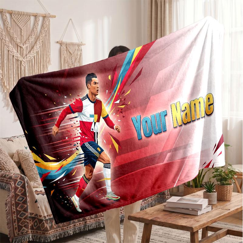 Cristiano Ronaldo Personalized Fleece Blanket With Football Logo, Custom Name Text Soft Warm Home Throw Blanket
