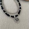 2-Piece Peach Heart Pendant Necklace Design for Women's Fashion Hip Hop Punk Charm Necklace Sweet and Cool Black Beaded Gift