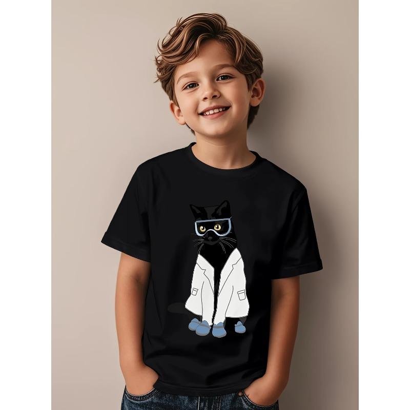 Boys Crewneck Short Sleeve T-Shirt, Laboratory Scientist Cat Beaker Test Tube Science Print