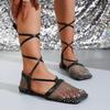 Fashion Fashion Cross Thin Belt Sandals Summer New Square Head Shallow Mouth Rhinestone Mesh Cloth Breathable Soft Sole Flat Shoes