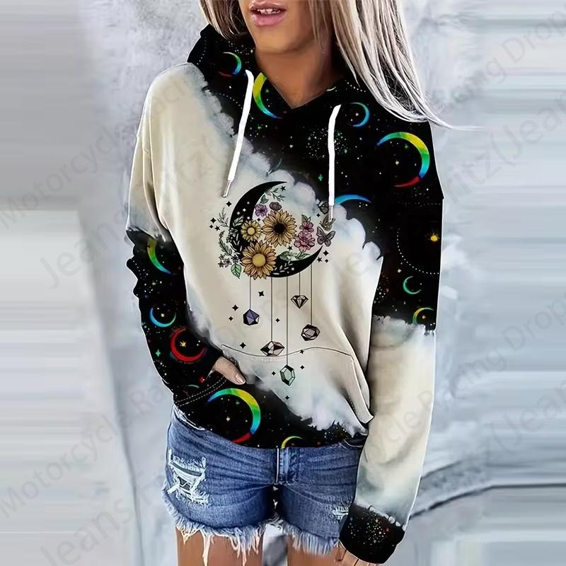 Moon Sun 3D Print Drawstring Hoodie Women Fashion Oversize Hoodies Women Sweats Long Sleeve Hooded Sweatshirt Women's Clothing