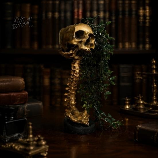 Gothic Skull Planter for Succulents Pothos, Creative Skeleton Flower Pot with Vintage Metal Style Cemetery Art Spine Column, Foliage Plant Container