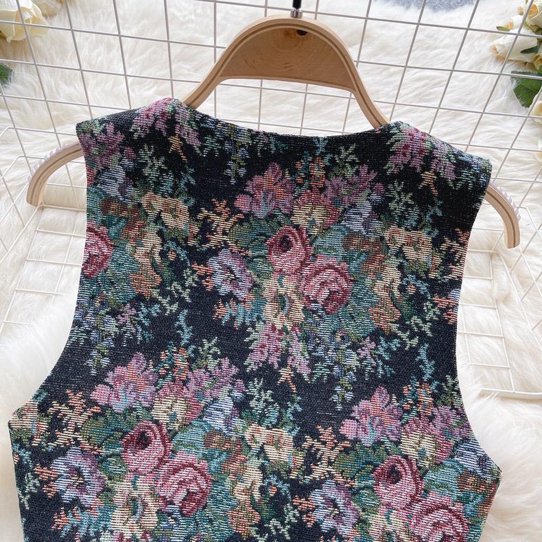 Винтажная шикарная майка с цветочным принтом, женская майка с вышивкой и v-образным вырезом во французском стиле, женская летняя рубашка в стиле ретро, ​​универсальный модный дизайн, вечерние жилет