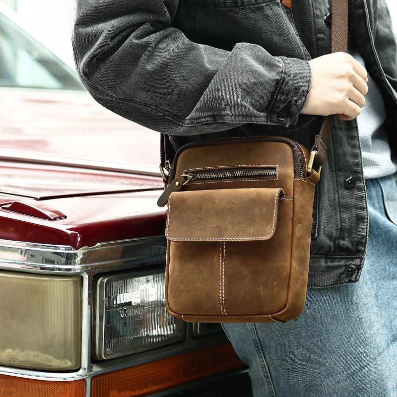 Genuine Leather Men's Shoulder Bag Premium Crazy Horse Leather Vintage Men's Outdoor Shoulder Straddle Bag